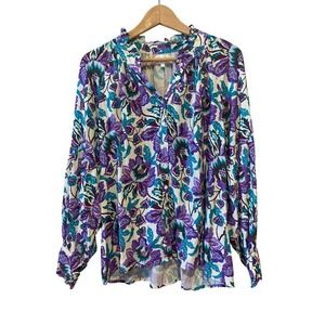 Xirena Womens Blouse S Purple Teal Floral Boho Festival Button Up